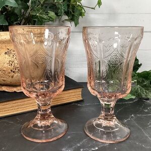 Vtg Indiana Glass Recollection Madrid Pink Set Of 2 Footed Water Goblets Pressed
